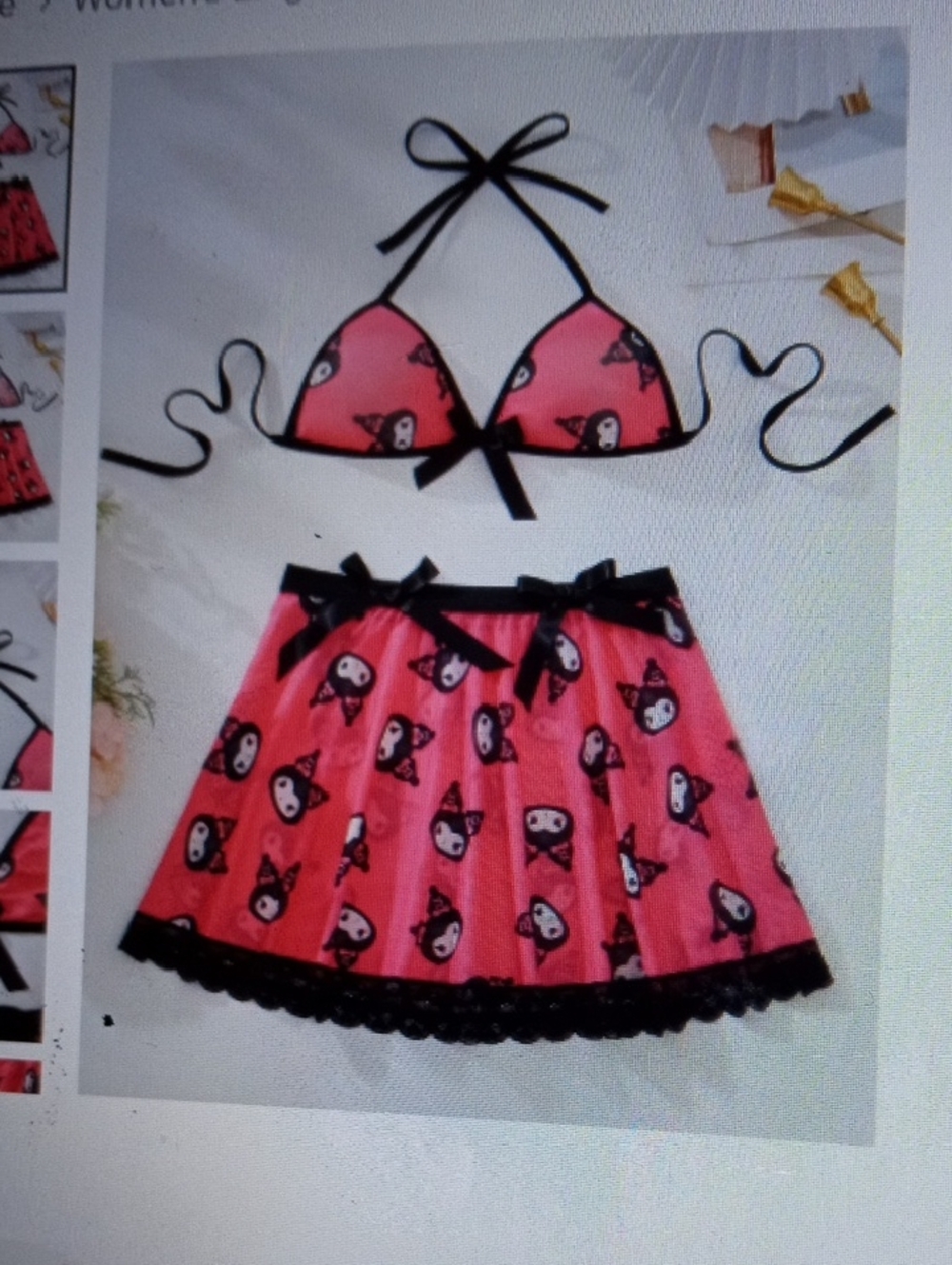 Pink Character Print Bikini Top and Skirt Set with Black Trim